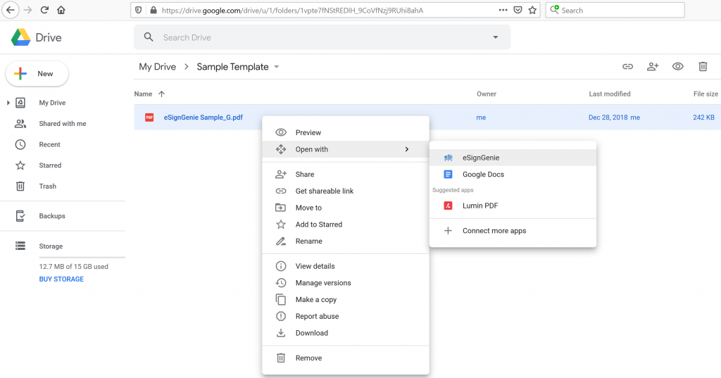 Screenshot displaying eSign Genie Google Drive plugin use